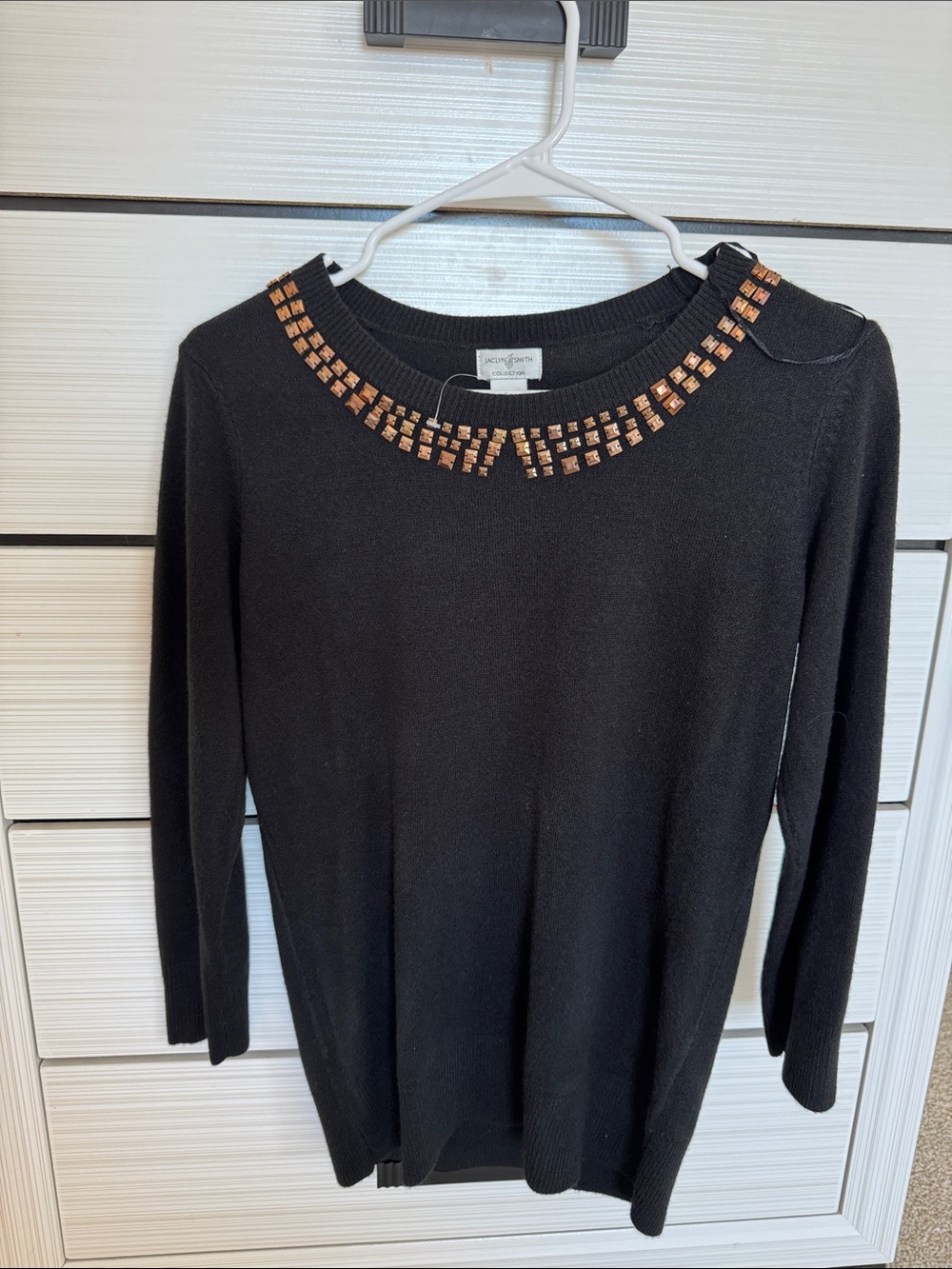 Jaclyn Smith Black Sweater Dress with Copper-Tone Neck Embellishment